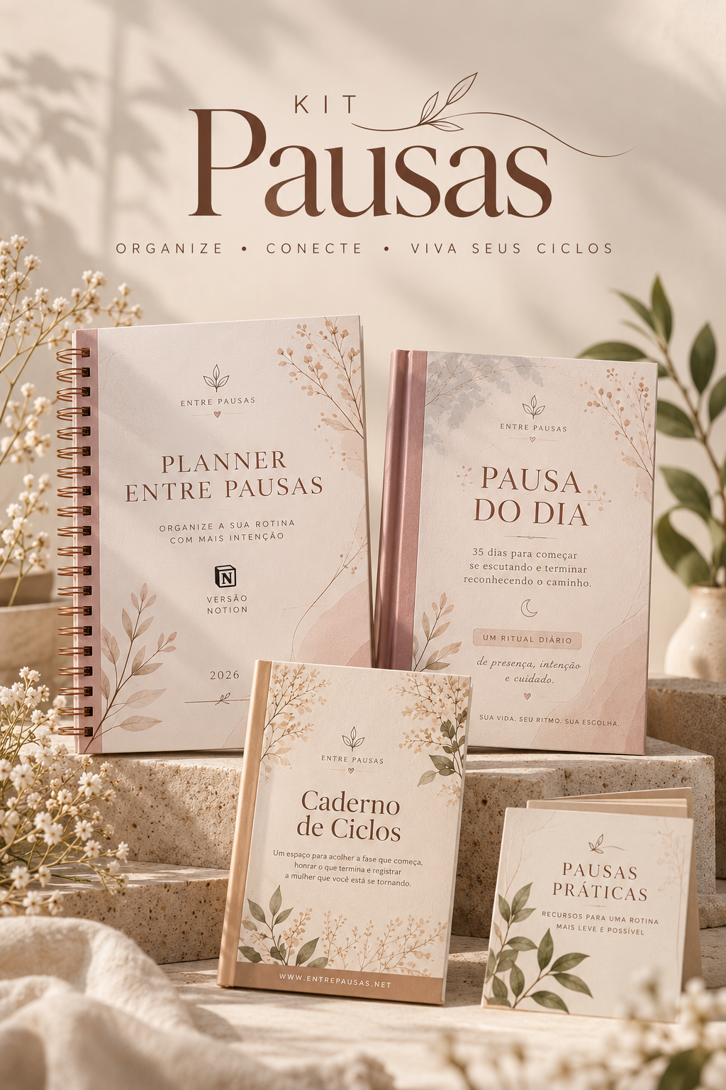 Kit Pausas: Planner Entre Pausas, Pausa do Dia, Caderno de Ciclos e o bônus Pausas Práticas